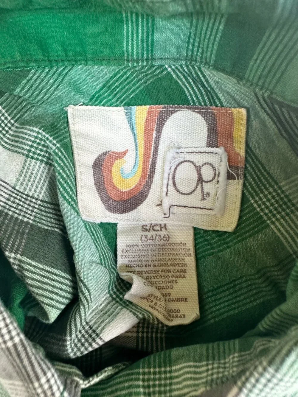 OP Ocean Pacific Men's Green White Plaid SS Button Front Shirt Size Small 34/36